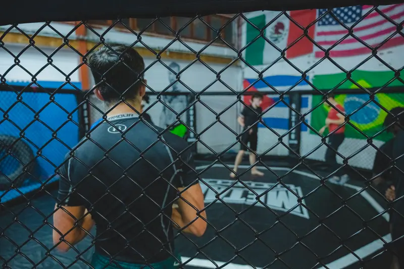 L'intérieur de l'octogone du Boxing Center Ramonville vu à travers le grillage.